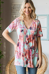 Heimish Full Size Floral V-Neck Short Sleeve Babydoll Blouse MINT OutfitFlow