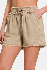 Zenana Washed Linen Frayed Hem Drawstring Shorts Beige OutfitFlow