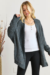 ADORA Popcorn Knit Open Front Long Sleeve Cardigan DARK OLIVE One Size OutfitFlow