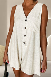 V-Neck Sleeveless Romper Beige OutfitFlow