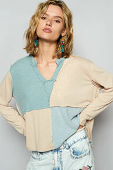 POL Color Block Notched Long Sleeve T-Shirt Pastel Blue OutfitFlow