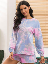 Ivy Lane Tie-Dye Long Sleeve Top and Shorts Lounge Set Pink-Blue OutfitFlow