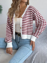 Striped Button-Up Cropped Cardigan Burgundy OutfitFlow