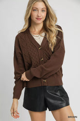 Umgee Chunky Cable Knit V-Neck Button-Up Cardigan Brown OutfitFlow