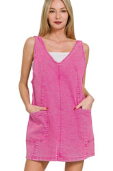 Zenana Washed Adjustable Strap Denim Overall Dress HOT PINK OutfitFlow