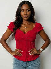 Frill Ruched Cap Sleeve Blouse Scarlet OutfitFlow