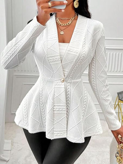 One Button Textured Peplum Cardigan White OutfitFlow
