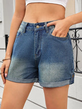 High Waist Rolled Hem Gradient Denim Shorts Blue OutfitFlow