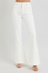 RISEN Full Size High Rise Front Patch Pocket Flare Jeans Cream OutfitFlow