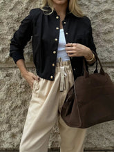 Snap Down Cropped Bomber Jacket Black OutfitFlow