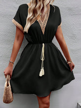 Devine Contrast Trim V-Neck Short Sleeve Mini Dress Black OutfitFlow