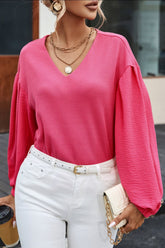 Waffle-Knit V-Neck Long Sleeve Blouse Hot Pink OutfitFlow