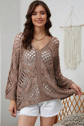 Openwork V-Neck Sweater Camel OutfitFlow