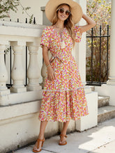 Floral Print Ruffle Hem Midi Dress Red OutfitFlow