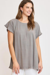 Umgee Full Size Seam Detail Linen Ruffle Fringe Edge Top Plus Size Gray OutfitFlow