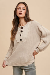 Annie Wear Half Button Ribbed Hem Sweater Oatmeal OutfitFlow