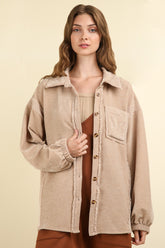 VERY J Mixed Media Button Down Raw Hem Jacket Taupe OutfitFlow