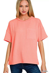 Zenana Raised Rib Exposed Seam Short Sleeve Top CORAL OutfitFlow