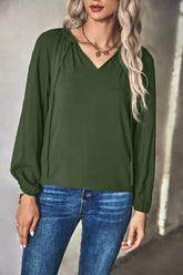 Tie Neck Long Sleeve Blouse Army Green OutfitFlow