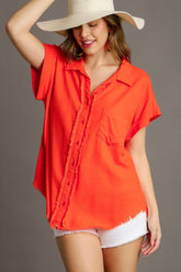Umgee Full Size Linen Blend Button Down Short Folded Sleeve Shirt Plus Size Orange OutfitFlow