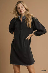 Umgee French Terry Balloon Sleeve Shift Dress with Leopard Print Detail Black OutfitFlow