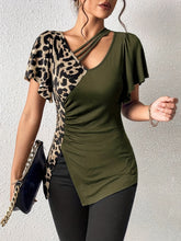 Ruched Leopard Flutter Sleeve T-Shirt Moss OutfitFlow