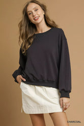 Umgee Round Neck Long Sleeve Fleece Sweatshirt CHARCOAL OutfitFlow