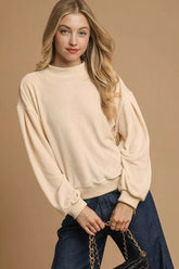 Umgee Velour Crewneck Balloon Sleeve Sweatshirt CREAM OutfitFlow