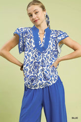 Umgee Abstract Print Short Sleeve Blouse BLUE Trendsi