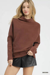 Umgee Draped Turtleneck Long Sleeve Knit Top Brown OutfitFlow