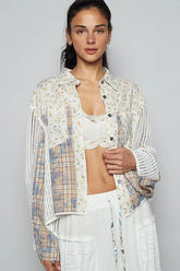 POL Floral Slit Back Plaid Patchwork Shirt Ivory OutfitFlow