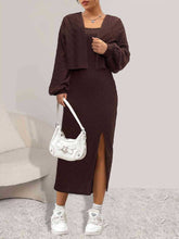 Open Front Long Sleeve Cardigan and Side Slit Cami Dress Set Brown OutfitFlow