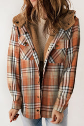 Plaid Button Up Long Sleeve Hooded Jacket Tangerine OutfitFlow