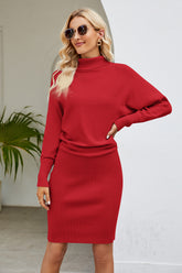 Ribbed Mock Neck Long Sleeve Dress Red OutfitFlow