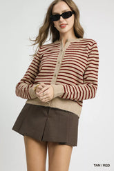 Umgee Striped Button-Up Knit Cardigan TAN RED OutfitFlow