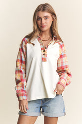 J.NNA Plaid Contrast Button Down Henley Top Ivory Multi OutfitFlow