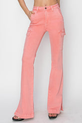 RISEN Full Size High Rise Side Slit Cargo Bootcut Jeans Flamingo OutfitFlow