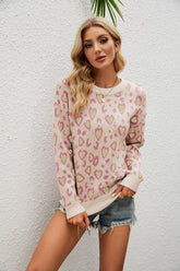 Heart Round Neck Dropped Shoulder Sweater Apricot OutfitFlow