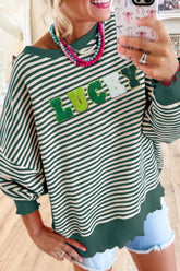 LUCKY Striped Round Neck Long Sleeve Sweatshirt Dark Green OutfitFlow