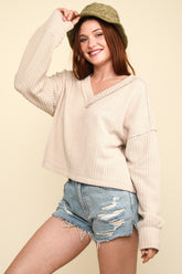 VERY J Exposed Seam V-Neck Ribbed Knit Top Ecru OutfitFlow