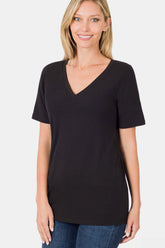 Zenana V-Neck Short Sleeve T-Shirt Black OutfitFlow