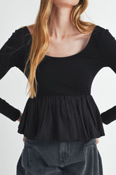 Peplum Scoop Neck Long Sleeve T-Shirt Black OutfitFlow