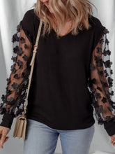 Flower Sheer Sleeve V-Neck Blouse Black OutfitFlow