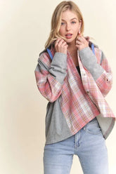 ADORA Button Down Plaid Hoodie Shacket PINK H.GREY OutfitFlow