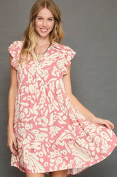Umgee Full Size Two Tone Printed Ruffled Cap Sleeve Mini Dress Plus Size Blush Pink OutfitFlow