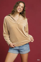 Umgee Soft Thermal Collared Long Sleeve Top TAN OutfitFlow