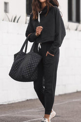 Drawstring Hoodie and Pocketed Pants Set Black OutfitFlow