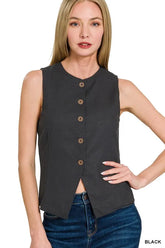 Zenana Linen Button Down Vest BLACK OutfitFlow