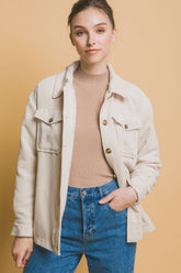 Love Tree Corduroy Button Up Jacket with Sherpa Inside Cream OutfitFlow