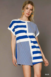 Umgee Mixed Striped Short Sleeve Romper Blue OutfitFlow